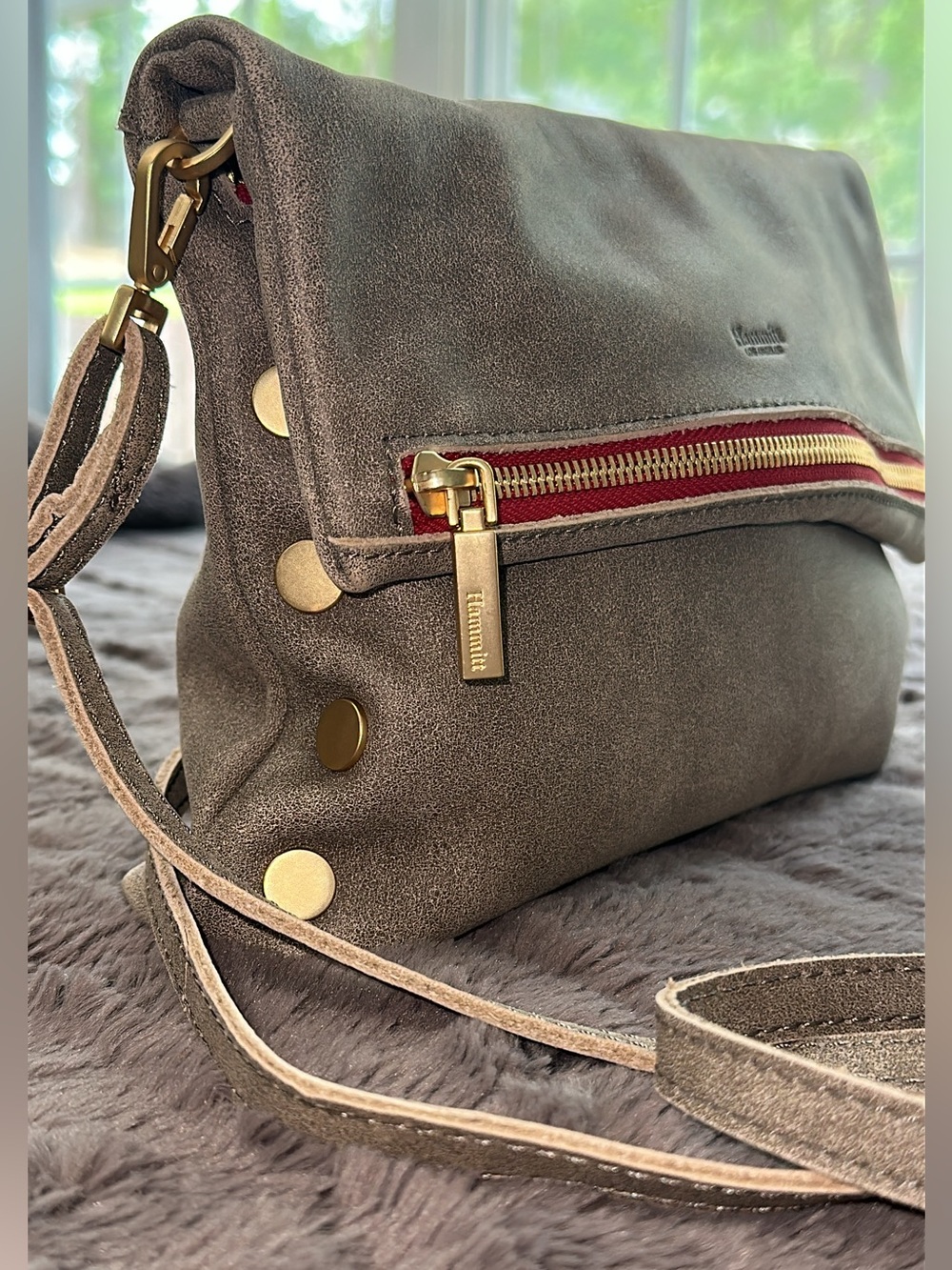 Hammitt Crossbody Bag in Taupe with Red Accent (bags23)